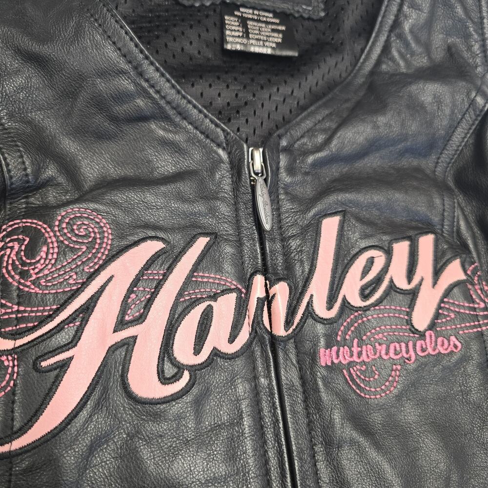 Harley Davidson Miss Enthusiast Leather Riding Vest Womens M Black Pink Y2K - Picture 6 of 9